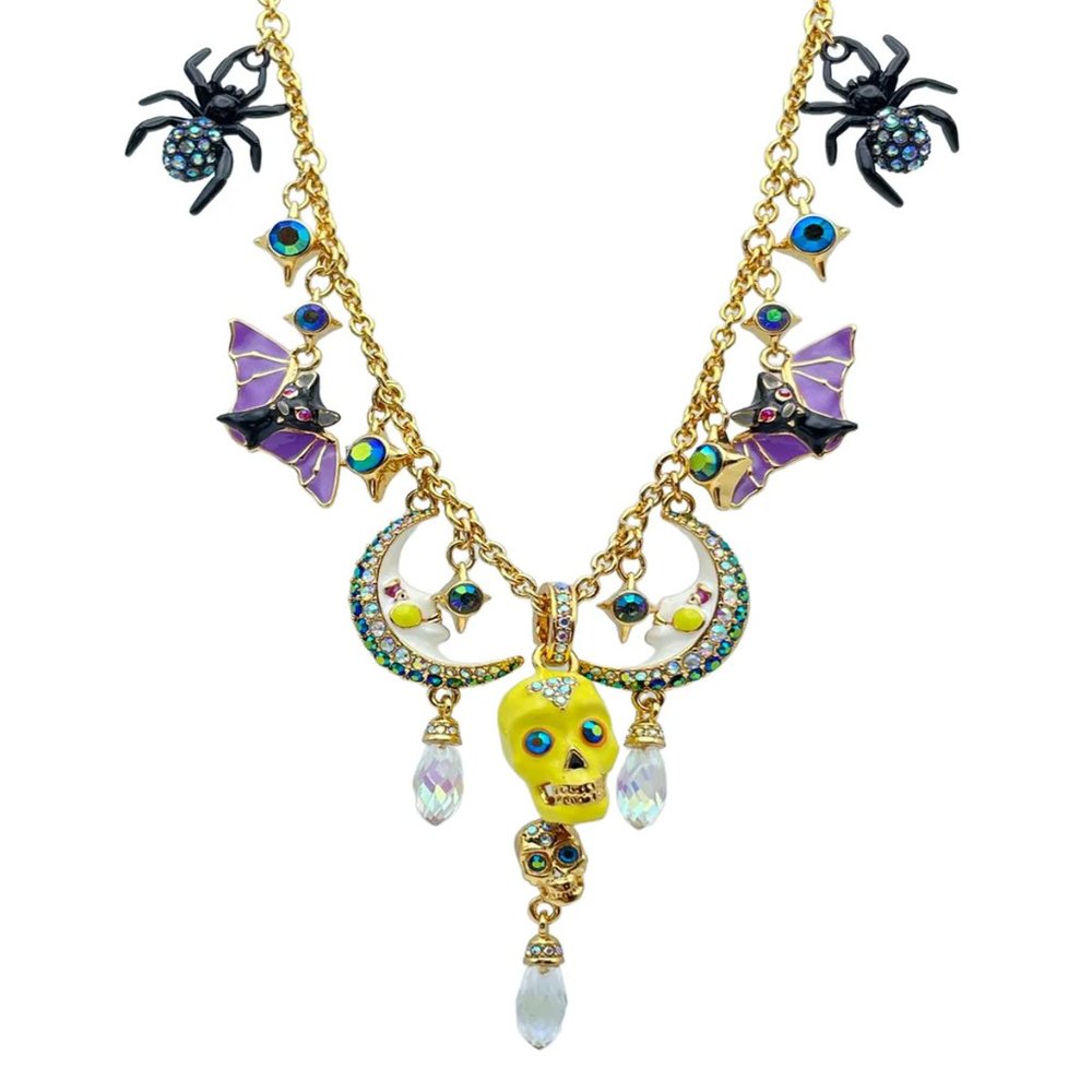 Halloween Spiders Bats and Skulls Necklace Ritzy Couture DeLuxe 18k Gold Plated